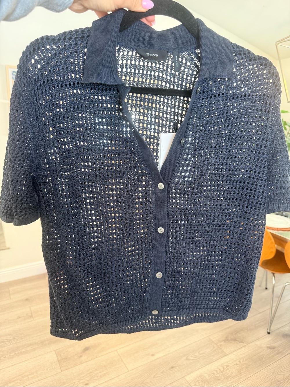 Theory Navy Open-Knit Short-Sleeve Button Cardigan